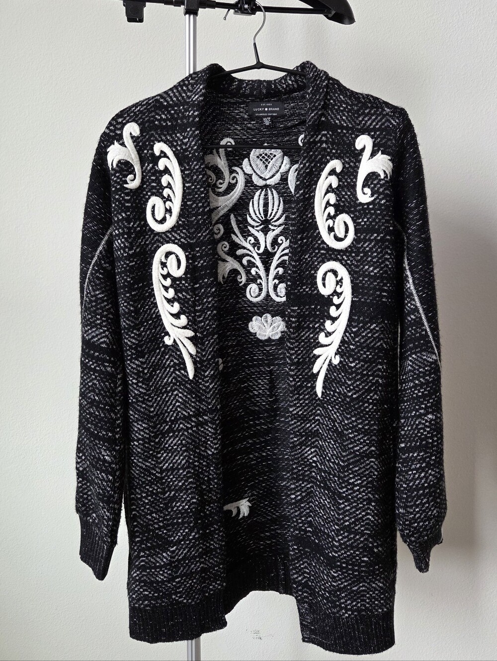 Lucky Brand Black Embroidered Open Front Cardigan Boho Sweater Oversized feel XS